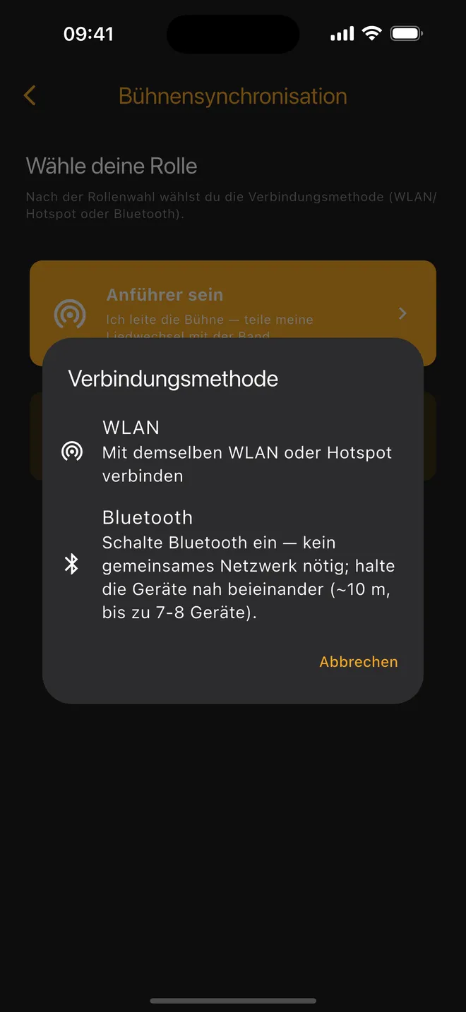 Verbindung — WLAN oder Bluetooth wählen