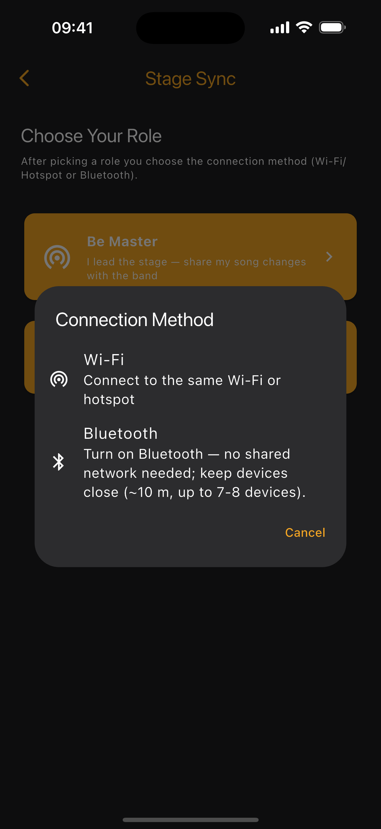 Connect — choose Wi-Fi or Bluetooth