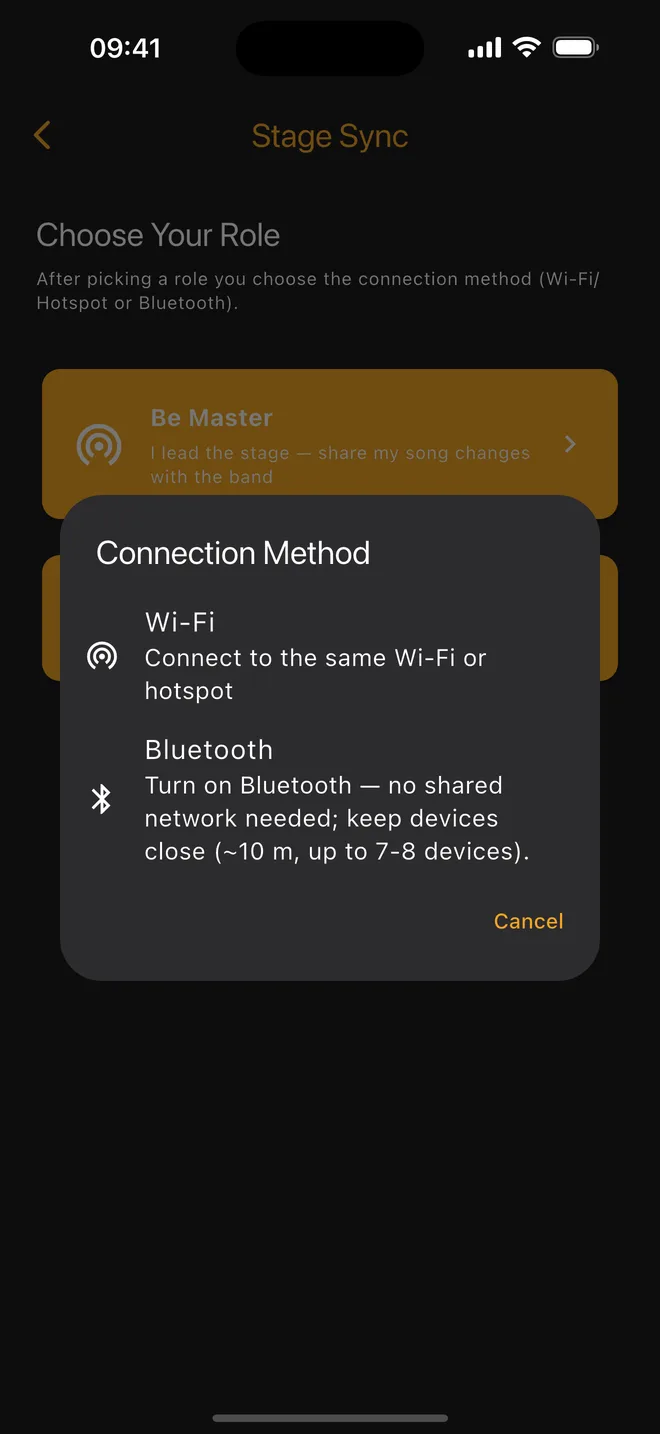 Connect — choose Wi-Fi or Bluetooth