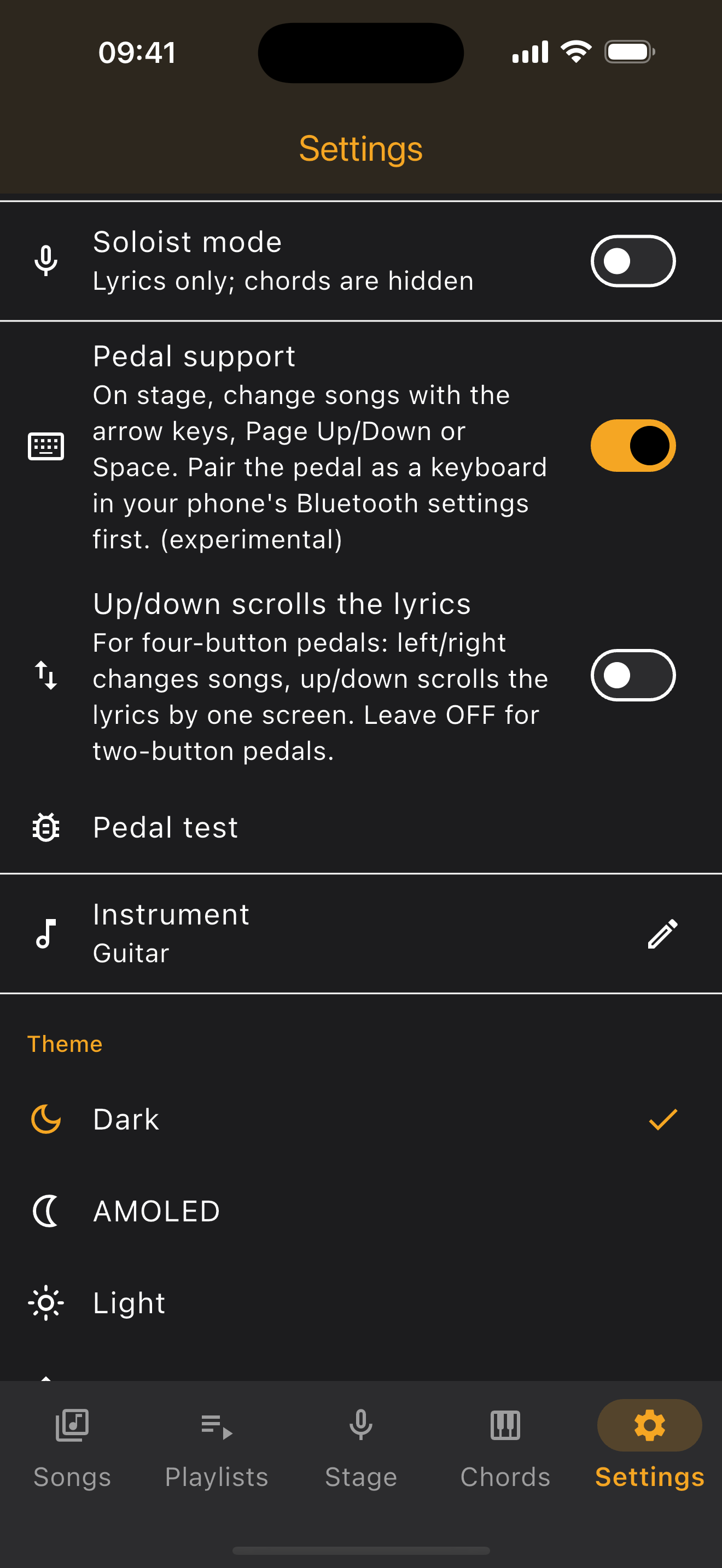 Settings — pedal support and theme