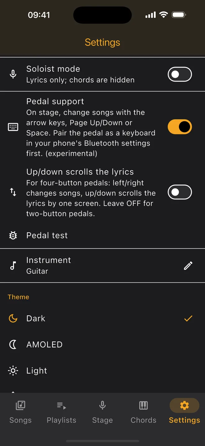 Settings — pedal support and theme