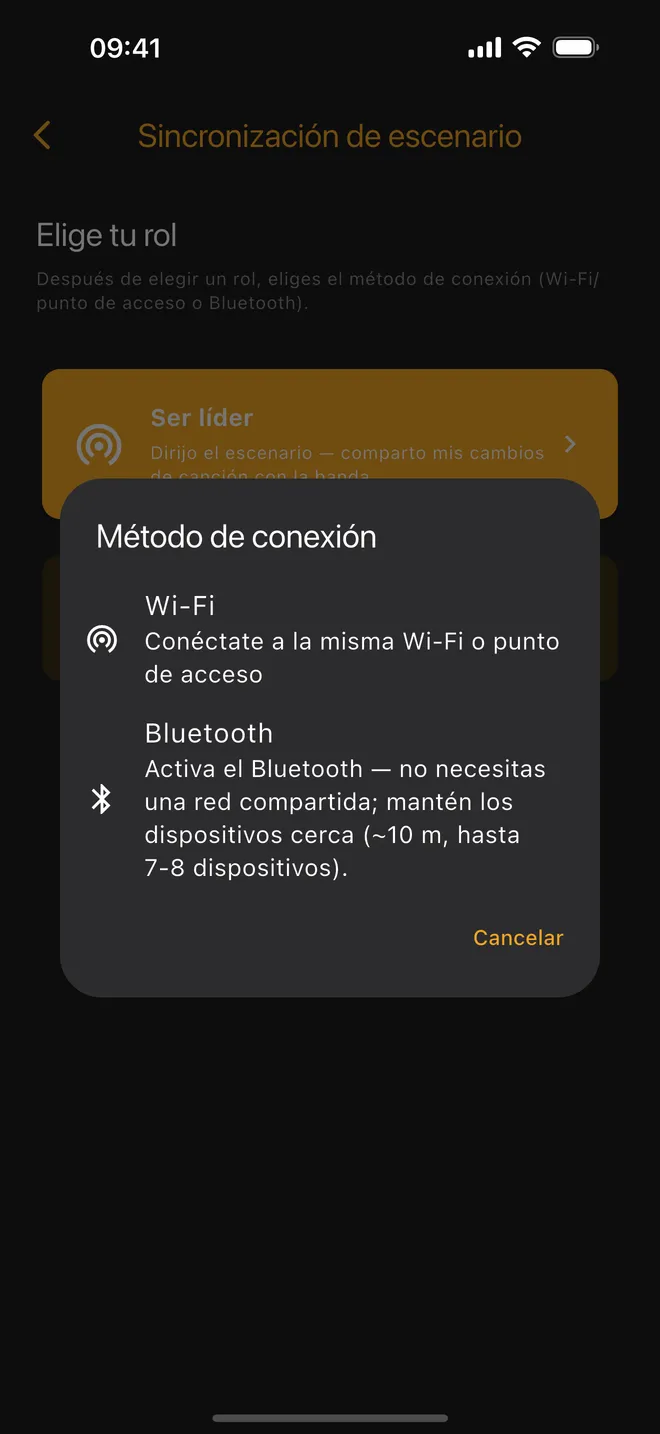 Conexión — elegir Wi-Fi o Bluetooth