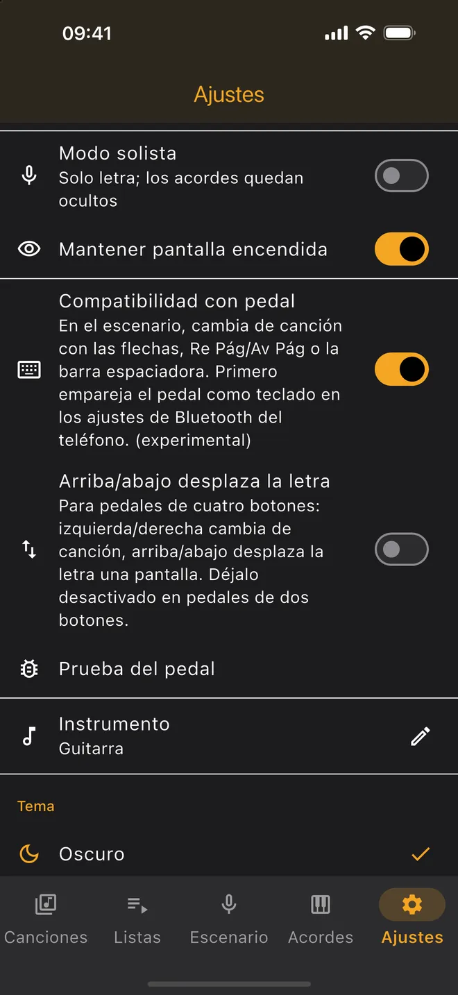 Ajustes — compatibilidad con pedal y tema