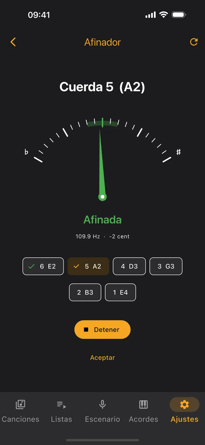 Afinador — afinado guiado, cuerda por cuerda