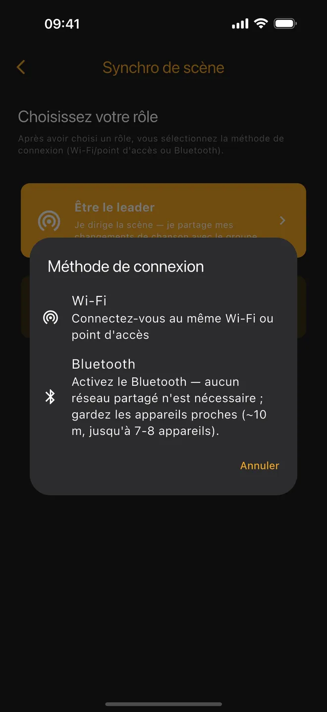 Connexion — choisir Wi-Fi ou Bluetooth