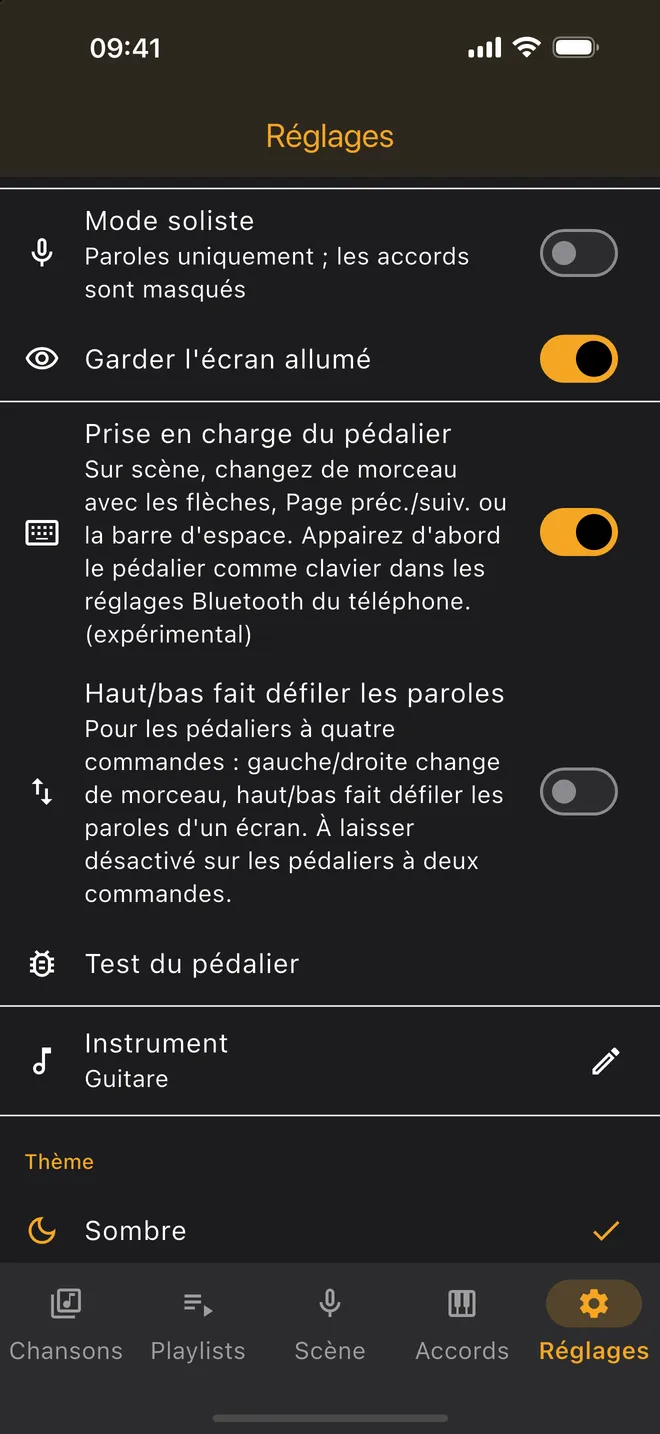 Réglages — prise en charge du pédalier et thème