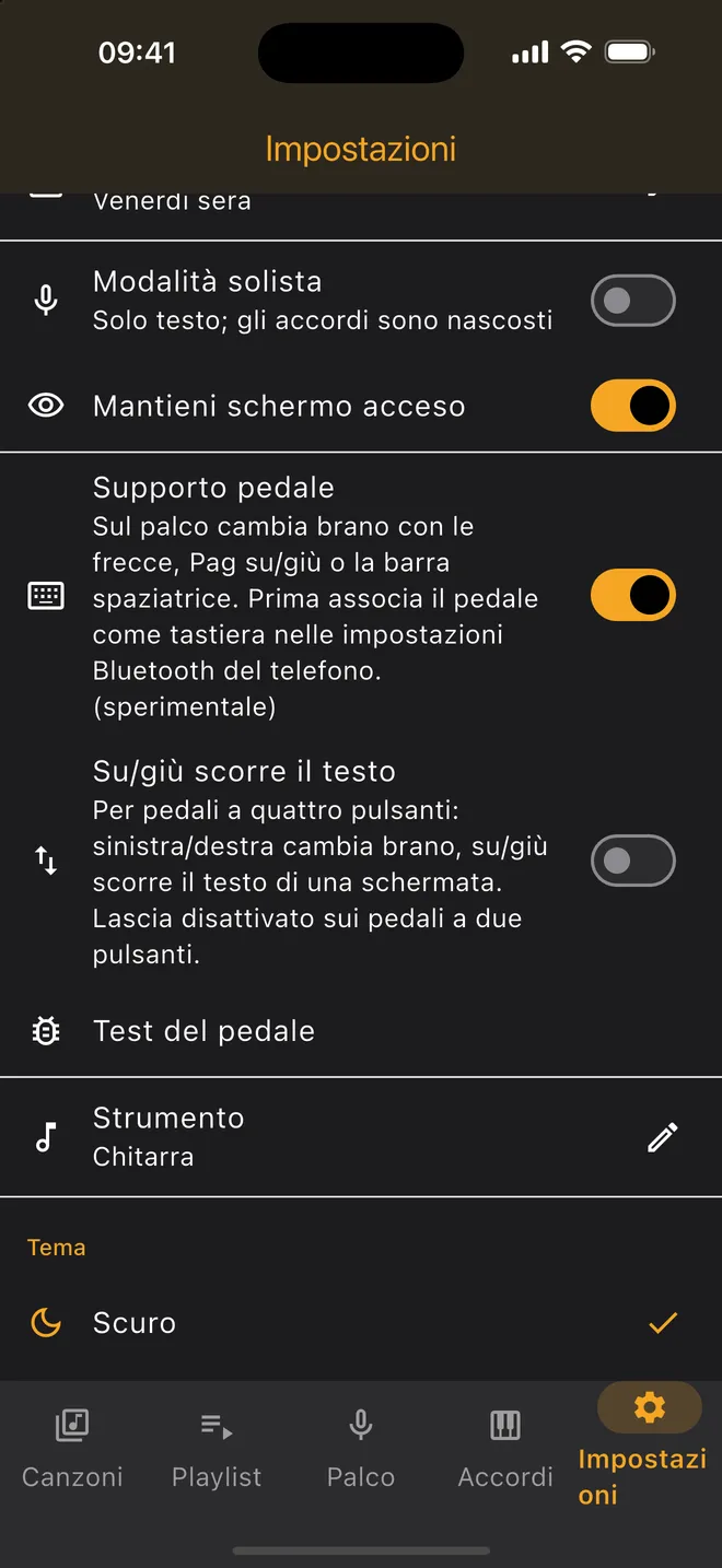 Impostazioni — supporto pedale e tema