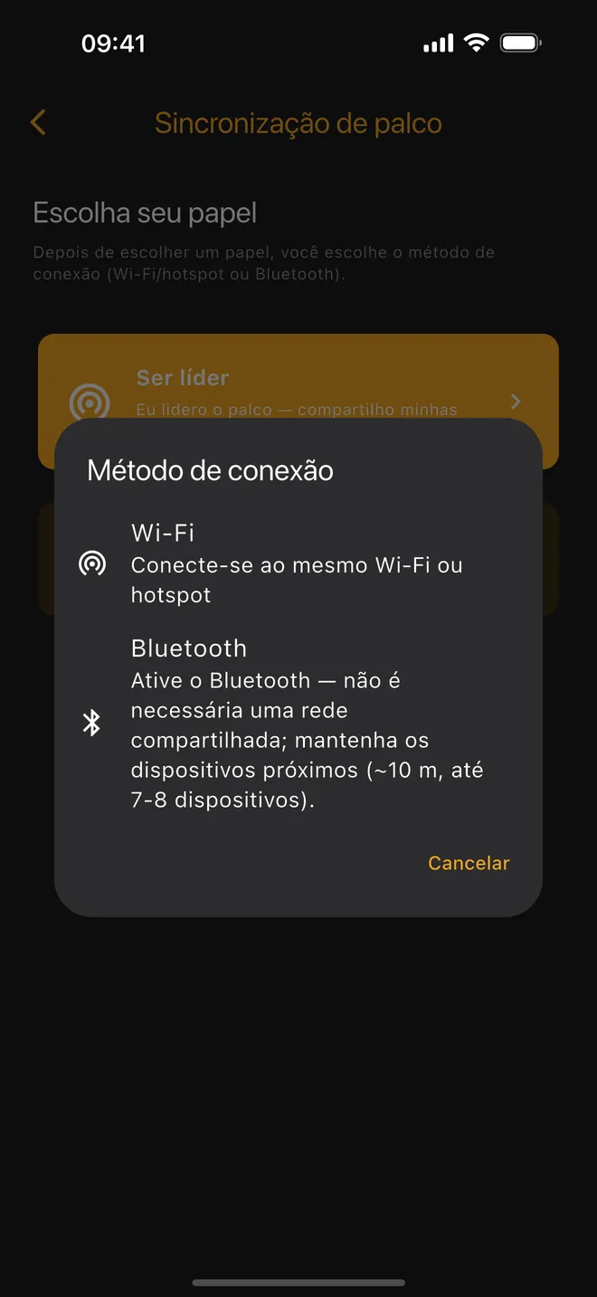 Ligação — escolher Wi-Fi ou Bluetooth