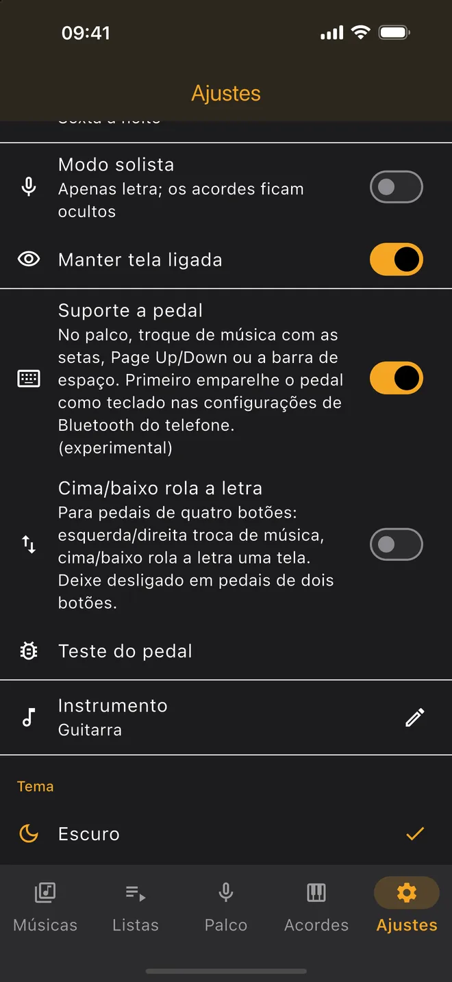 Definições — suporte a pedal e tema