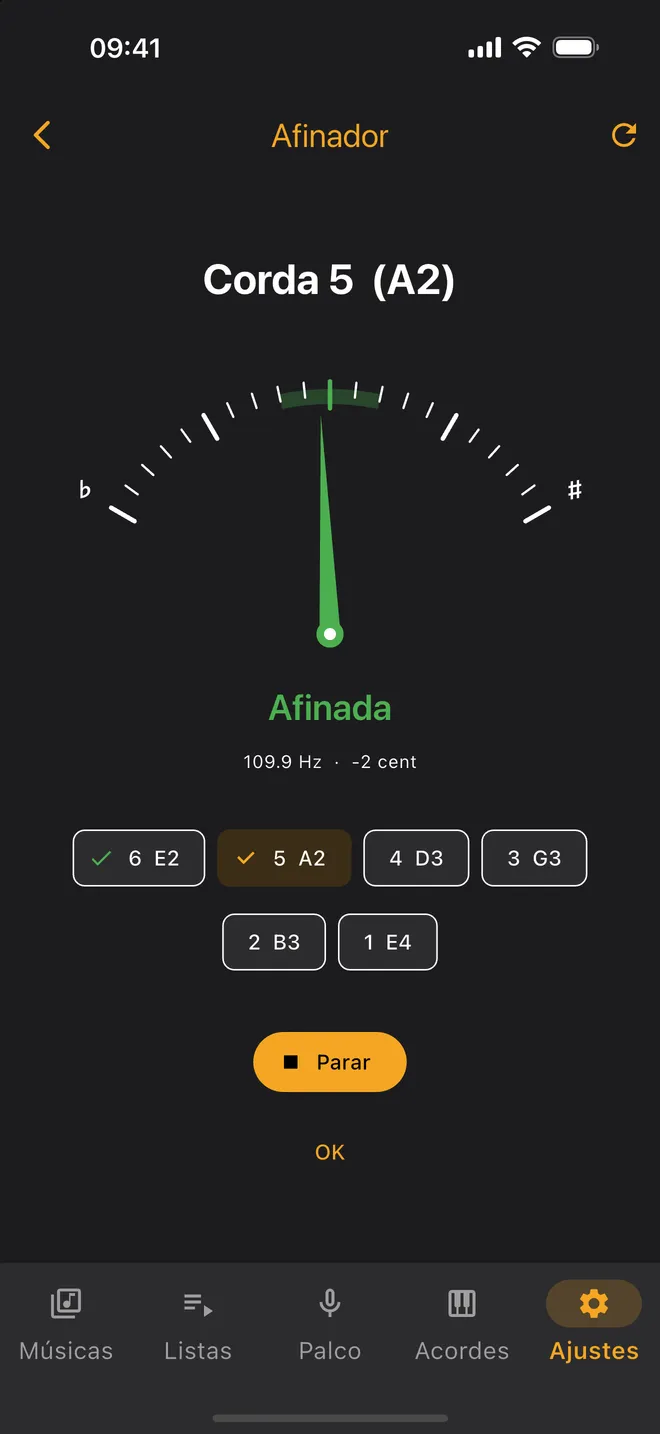 Afinador — afinação guiada, corda a corda
